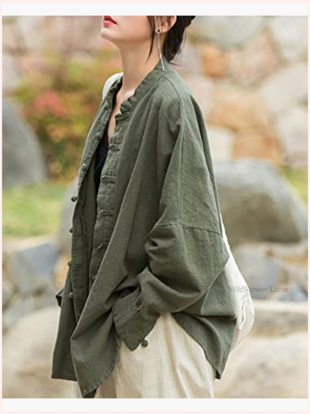 Linen Oversized Blouse Vintage Long Sleeve Chinese Frog Button Jacket Shirt Top - Picture 5 of 7